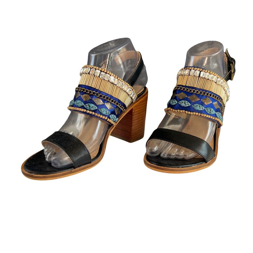 Catherine Malandrino Yance Black Stacked Heel Sandal Rhinestone Faux Tur… - Picture 2 of 12